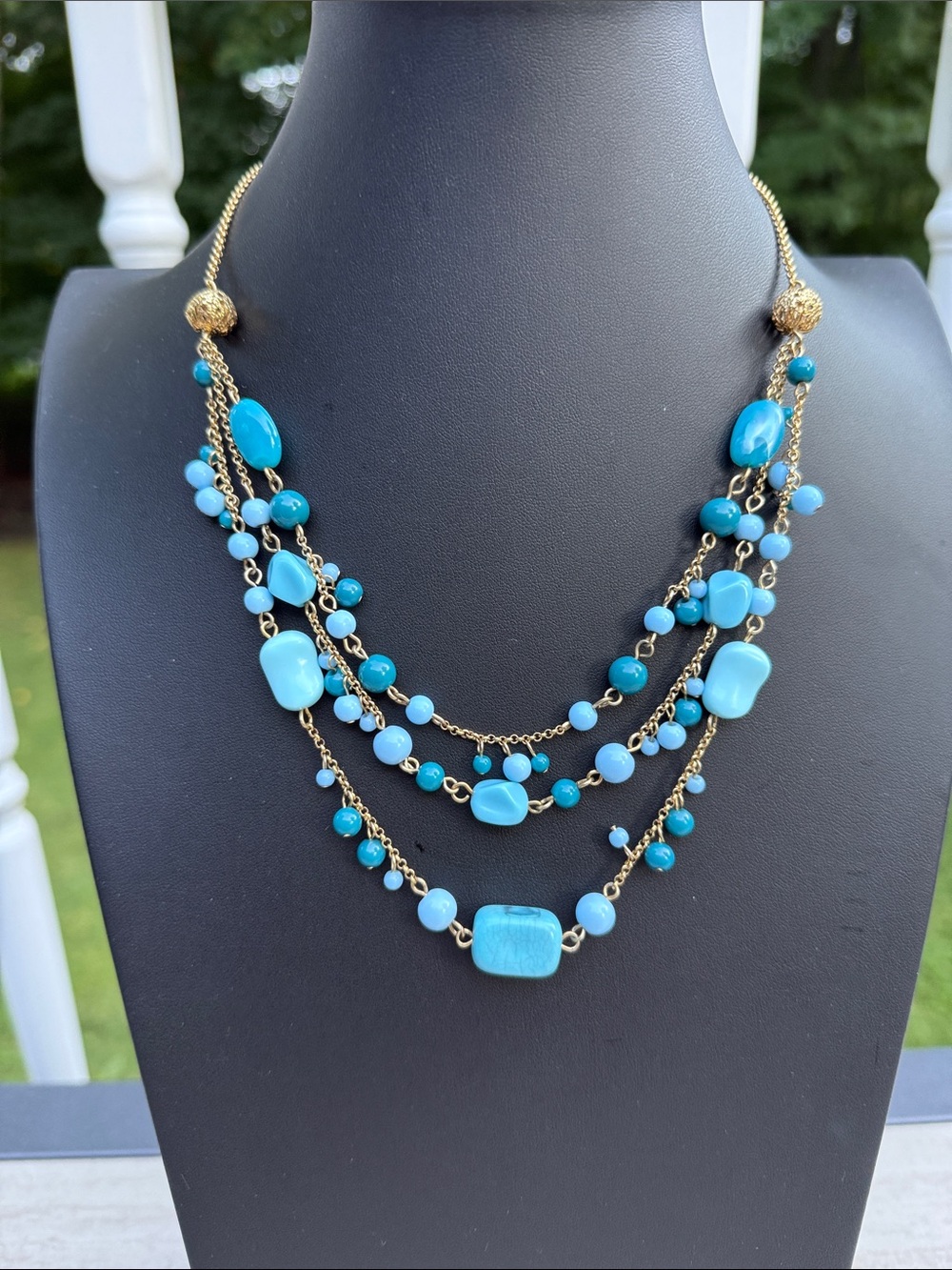 Vintage Avon  signed Gold Multi-Strand Faux Turquoise Bead Necklace